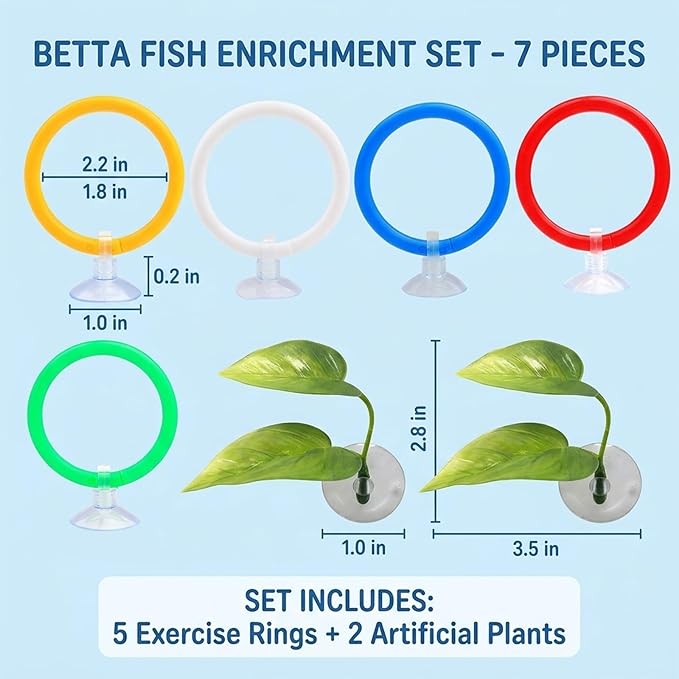 Betta Fish Tank Accessories and Toys, 7 Piece Betta Enrichment Set with Exercise Rings and Plants, Mental Stimulation and Stress Reduction for Betta Fish, Betta Toys