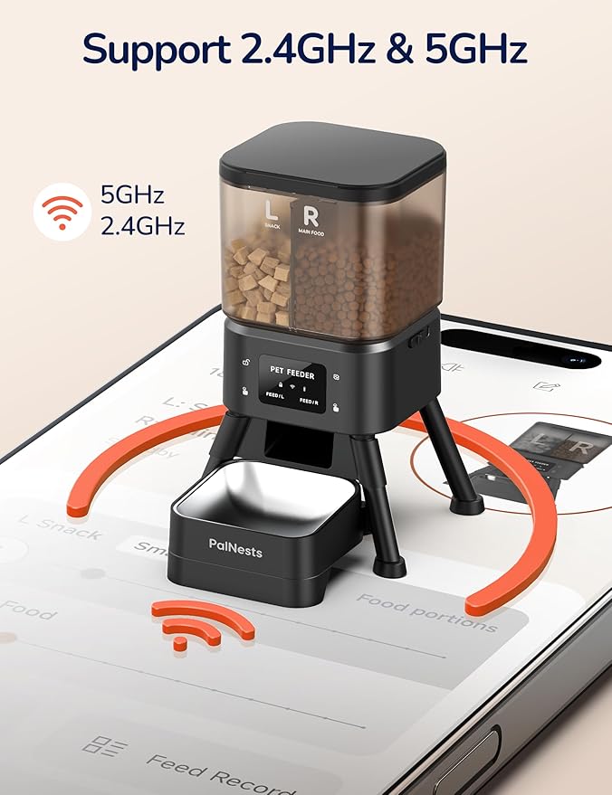 Dual Chamber Automatic Cat Feeder, Smart WiFi Pet Food Dispenser with 2.4&5G WiFi App, Custom Schedule & Portion Control for Dry Food and Treats, 4L, Black