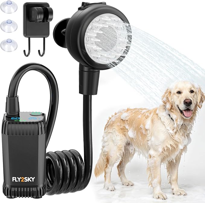 Rechargeable Portable Pet Shower Head Dog Bath Supplies for Indoor Outdoor | Dog Bathing Accessories with LED Display Temperature, IPX8 Waterproof Shower Pump Pet Grooming Tool for Yard Camping