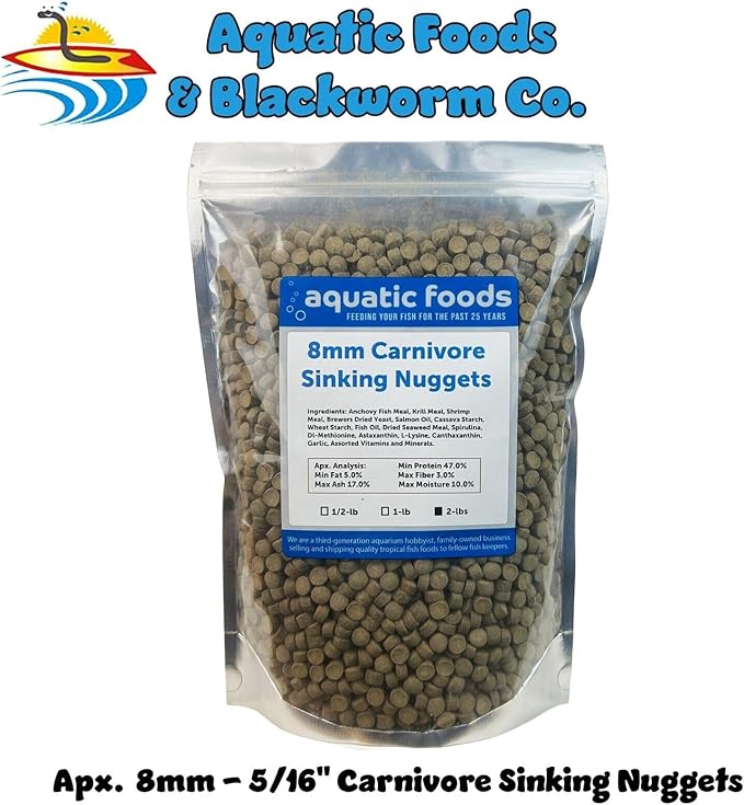 Aquatic Foods Inc. 8mm - 5/16" Carnivore Sinking Pellets for Carnivore Cichlids, Catfish, Monster Fish, Bottom Fish, All Large Fish, Also Koi & Pond Fish. - WL…2-lbs Foil Pouch Bag