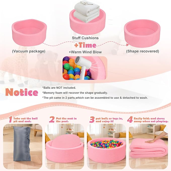 Imitation Teddy Foam Ball Pits 35.4"x 11.8" Soft Round Playpen for Toddlers and Pets with Soft Memory Sponge for Babies Indoor and Outdoor Game Pink (Balls not Included)