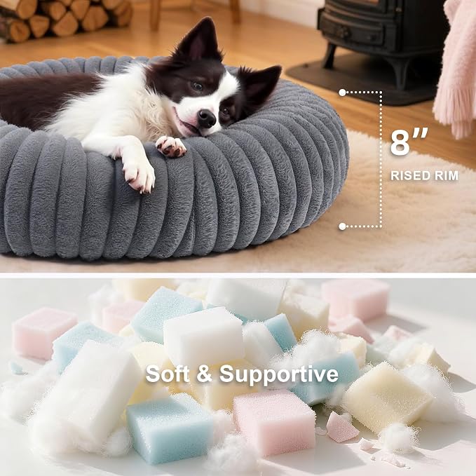 Calming Dog Bed Anti-Anxiety Donut Dog Beds for Small Medium Large Dogs,Washable Plush Fluffy Indoor Cat Kitten Round Cuddler Cushion (Deep Grey, Large-34 inch)