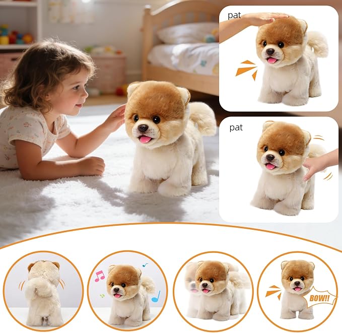 CU-MATE Interactive Dog Stuffed Animal Electronic Plush Pomeranian Simulation Puppy Realistic Toy Like-Real Robotic Nodding Barking Wagging Tail Present Pet for Toddler Boys