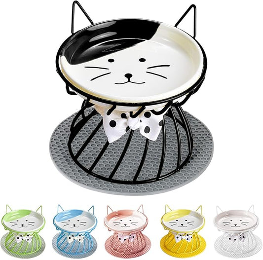 Elevated Cat Food Dish, Ceramic, Non-Slip Stand, Raised Feeding Station, 5 in, Shallow for Whiskers, Dishwasher Safe | Easy-clean Wide shallow dish for whisker comfort Non-slip