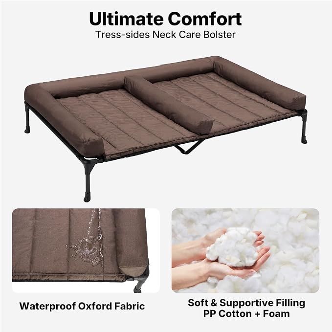 Veehoo Elevated Dog Bed for 2 Dogs, Cooling Raised Dog Bed with Bolster Mat | Outdoor Double Dog Bed with Removable Waterproof Cushion, Breathable Mesh, Non-Slip Feet for Outdoor & Indoor, 53", Brown