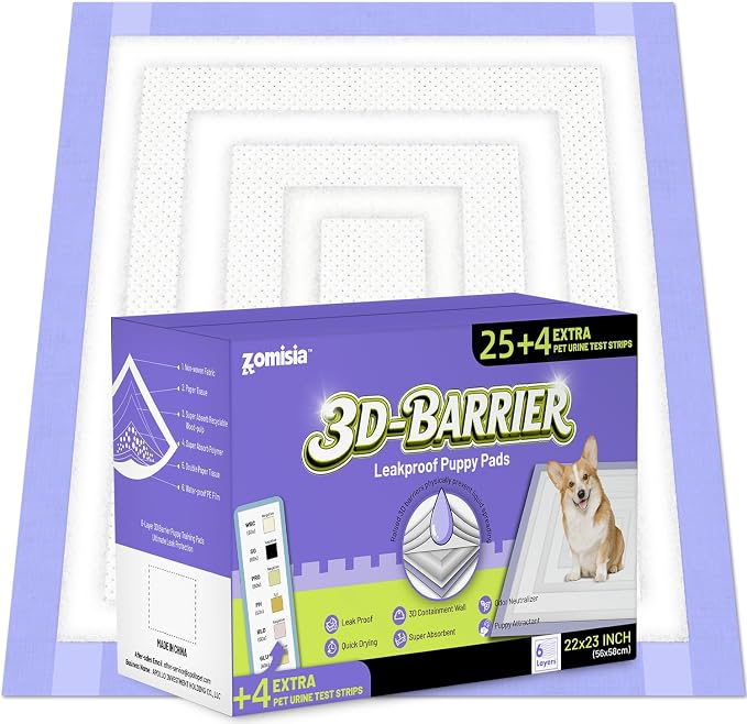 ZOMISIA 3D-Barrier Puppy Pee Pads for Dogs, 7 Cups Absorb & Rise Puffy Gel-Wall Leak-Proof, 22"x23" 25 Counts + 4 Pet Urine Test Strips, Super Absorbent Disposable Potty Training Pads