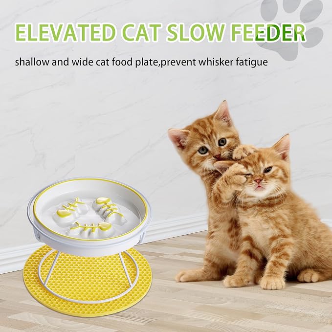 Ceramic Slow Feeder Cat Bowl, Elevated Whisker Friendly Design, Yellow