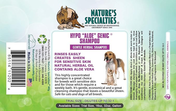 Nature's Specialties Hypoallergenic Ultra Concentrated Aloe Dog Shampoo for Pets, Makes up to 32 Gallons, Natural Choice for Professional Groomers, for Sensitive Skin, Made in USA, 1 gal