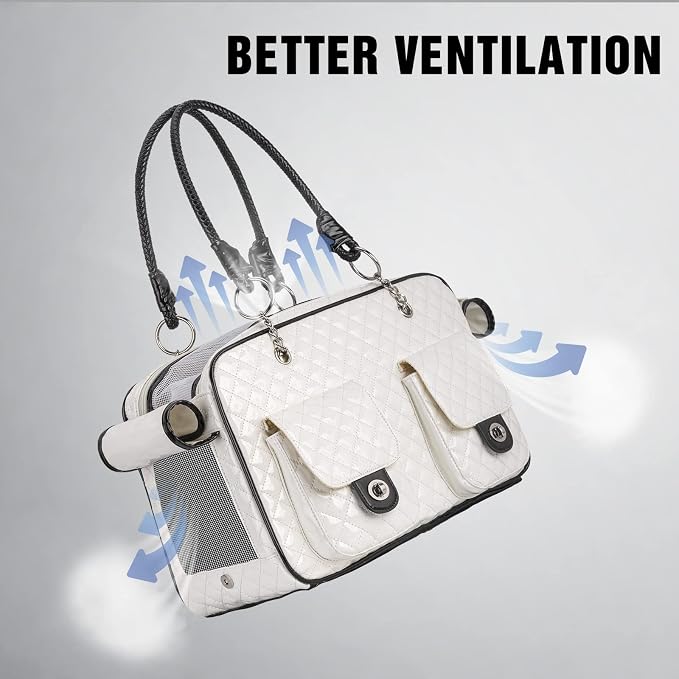 Pet Carrier Fashion Dog Carrier Purse Leather Tote Handbag Bag for Small Puppies Dogs Cat Small Animals Soft TSA Airline-Approved (White)