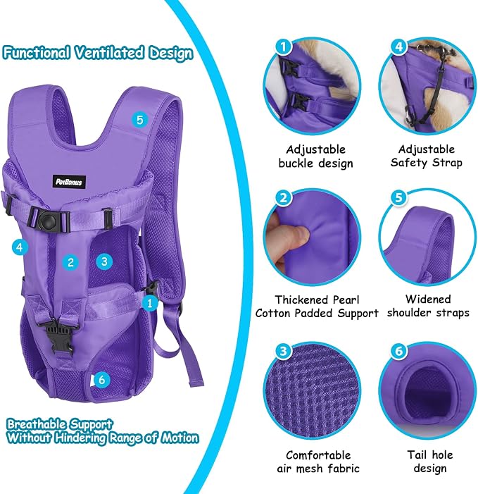 PetBonus Dog Front Carrier Backpacks, Legs Out Easy-fit Puppy Chest Carrier | Hands Free, Adjustable, Safety Strap, Walking Hiking Cycling Motorcycle bag, For Small Medium Dogs (Purple, S)