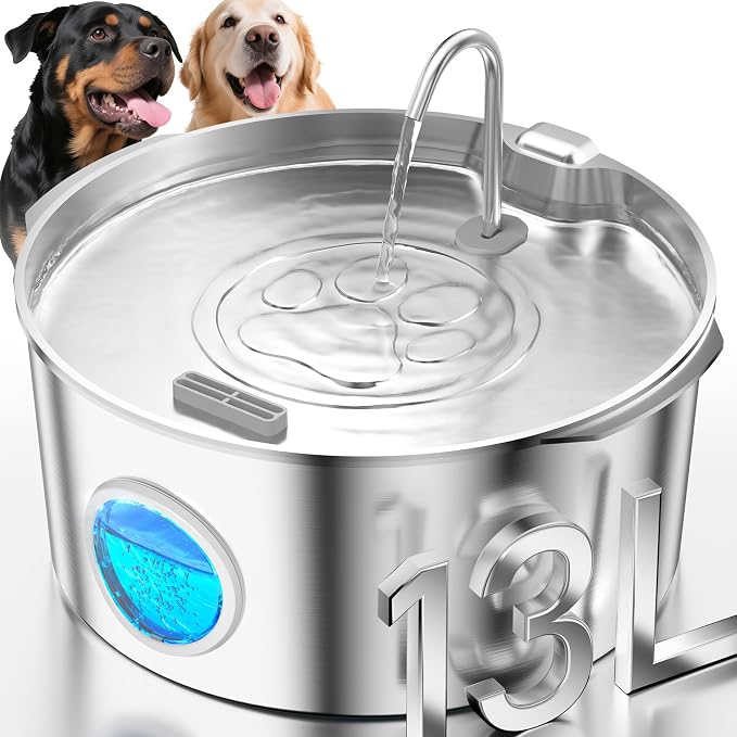 3.4Gal Dog Water Fountain for Large Dogs, Extra Large Stainless Steel Pet Water Fountain, Round Dog Water Bowl Dispenser with Metal Handle, Water Level Window for Multi Pet Home