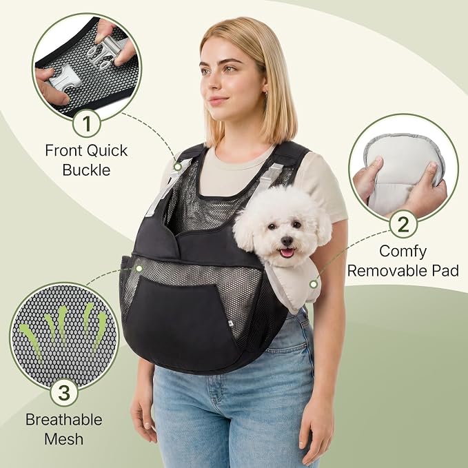 Dog Sling Carrier for Small Dogs with Thicken Bottom Support 10-18 lbs | Adjustable, Hands Free, Breathable Mesh, Comfortable, Lightweight, Vet Visits, Anxiety, Travel, Hiking, Safety Clip, Black