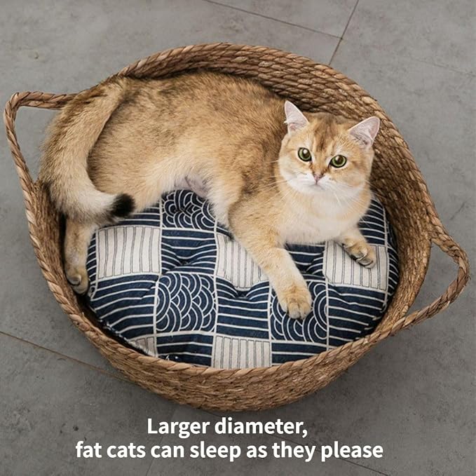 Cat Bed, Straw Woven Cat Baskets Bed, Round Wicker Cat Basket Nest, Non-Slip Cozy Kitten Bed for Cats Small Dog (with Cushion,Small)