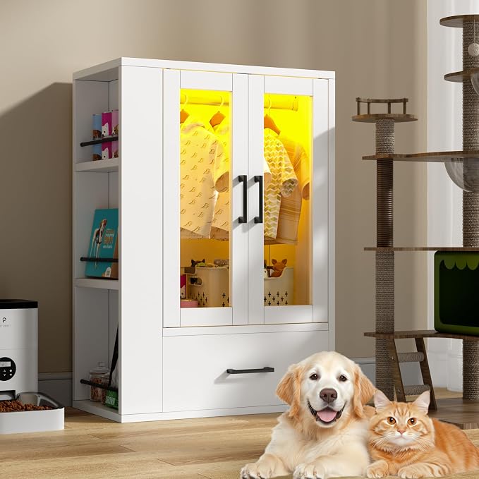 kepptory Pet Wardrobe Closet with LED Light, Side Storage Shelves & Drawer, White Pet Clothes Organizer Cabinet with Hanging Rod, Multi-Functional Pet Closet for Dogs & Cats Clothing, Toys