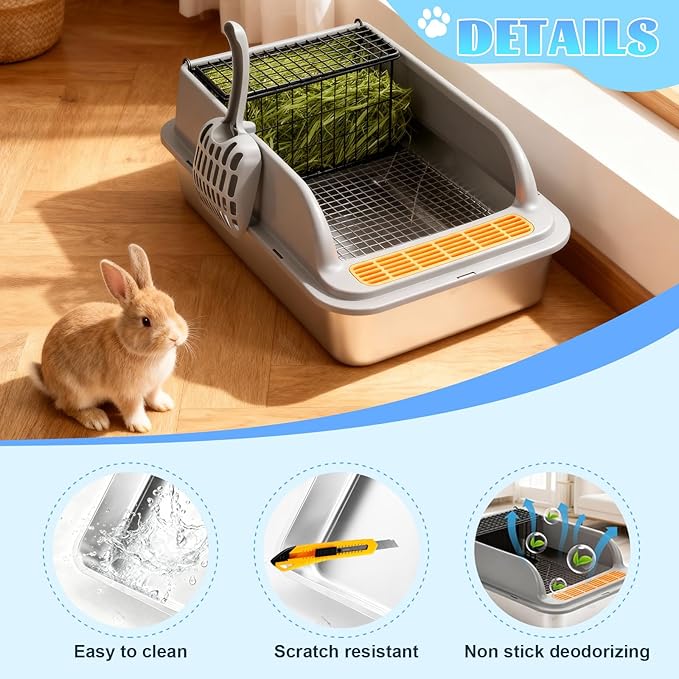 Stainless Steel Rabbit Litter Box w Hay Feeder and Litter Scoop, 19.7 x 13.8 x 7.9 Inch Large Litterboxes w Raised Grid, High Sided Kiter Box for Bunny, Guinea Pig, Ferret, Small Snimal, Hamster