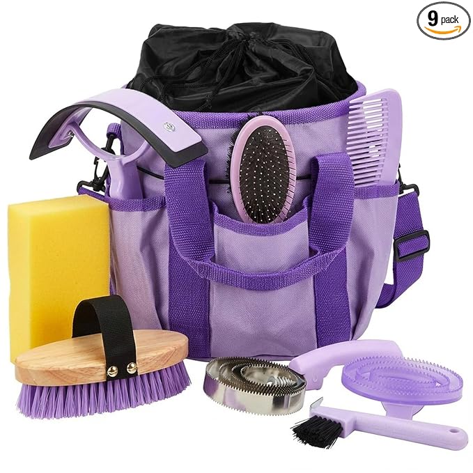 Cunhill 9 Pcs Horse Grooming Kit Tack Room Supplies Set with Tote Bag, Oval Massage Curry, Hard and Soft Brush, Hoof Pick, Sweat Scraper, Bathing Sponge, Comb for Horse Rider(Classic,Purple)
