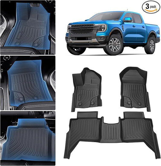 Sunsdrew Floor Mats for 2019-2023 Ford Ranger SuperCrew Accessories, All Weather Car Mats 2 Rows Floor Liners TPE Rubber Raised Edge