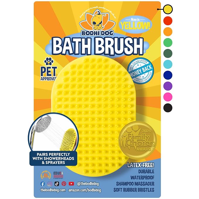 Bodhi Dog Shampoo Brush - Pet Grooming & Bath Supplies for Dogs and Cats - Bath Brush for Long & Short Hair - Premium Scrubber for Shower, Showerhead, Sprayer & Bathing (One Pack, Yellow)