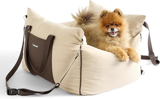 Lesure Dog Car Seat for Small Dogs,Booster Car Bed for Puppy Under 25lbs | Soft Pet Carseat with Clip-On Safety Leash and Thickened Memory Foam Filling,Dog Travel Carrier Bed with Storage Pocket,Beige