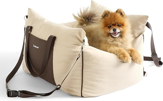 Lesure Dog Car Seat for Small Dogs,Booster Car Bed for Puppy Under 25lbs | Soft Pet Carseat with Clip-On Safety Leash and Thickened Memory Foam Filling,Dog Travel Carrier Bed with Storage Pocket,Beige
