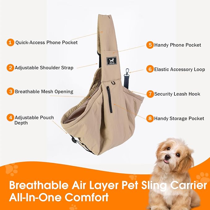 Dog Sling Carrier for Small Dogs & Cats 5-20 lbs, Adjustable Depth | Breathable Air Mesh Puppy Sling, Water-Resistant Travel Bag, Double Safety Leash, Machine Washable, Hands-Free Pouch, Caramel
