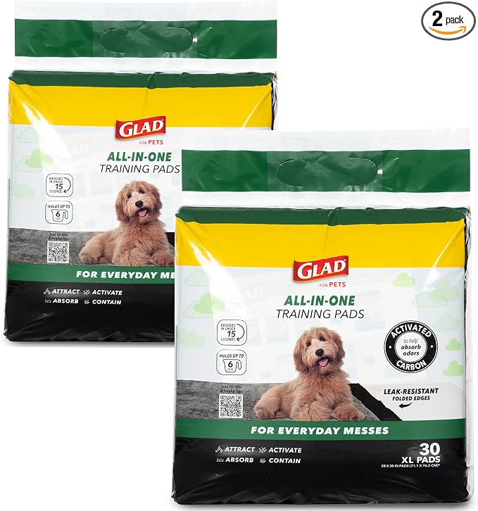 Glad for Pets Extra Large Charcoal Training Pads for Dogs and Puppies, Activated Carbon Odor Control, 6-Layer Absorbent Leak-Proof Pee Pads with Pheromone Attractant, 28 x 30 in, 30 Count - 2 Pack