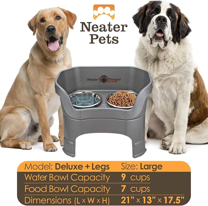 Neater Feeder Deluxe Mess-Proof Elevated Dog Bowls for Large Dogs (40+ lbs), 2 Height Adjustable (14.5” & 17.5”) No-Spill Raised Dog Bowl Stand, Stainless Steel Food Bowl Set, Made in USA, Gunmetal