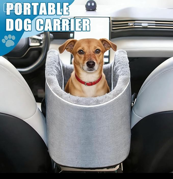 Pet Car Center Console Elevated Armrest Car Seat for Small Puppy, Dogs & Cats (Up to 10 lbs) – Dark Gray Washable Plush Carrier with Safety Leash, Fits Front Vehicle Console Space (Grey)