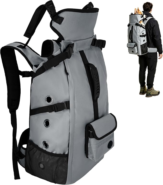 Breathable Dog Hiking Backpack Carrier for Medium Dogs, Grey | 4-Layer Protection, Adjustable Dog Backpack with Storage Pockets, Reflective Strips, 3D Ergonomic Support, Under 33 lb