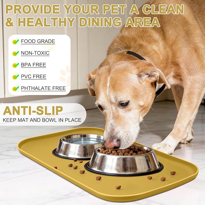 SMILOOL Waterproof Silicone Pet Food Mat with Raised Edge for Dog & Cat | 24" x 16" Non-Slip Pet Feeding Mats with Lip for Food & Water Bowl, Food Grade, Easy Cleaning, Honey