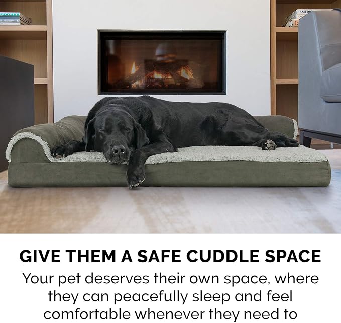 Furhaven Orthopedic Dog Bed for Large/Medium Dogs w/ Removable Bolsters & Washable Cover, For Dogs Up to 55 lbs - Two-Tone Plush Faux Fur & Suede L Shaped Chaise - Dark Sage, Large