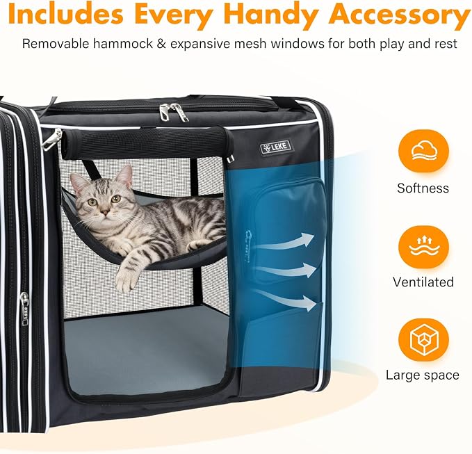 Lekereise Extra Large Cat Carrier Soft Sided, 37" x 18" x 18", Large cat Travel Carrier for 2 Cats with Zipper Locks for Moving Across The Country, Foldable for Storage, Black