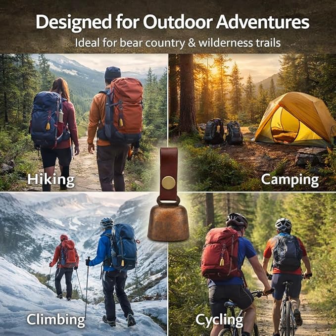 kcrygogo Loud Bear Bells with Leather Button Strap and Emergency Whistle for Survival, Hiking, Biking, Fishing, Climbing（2sets