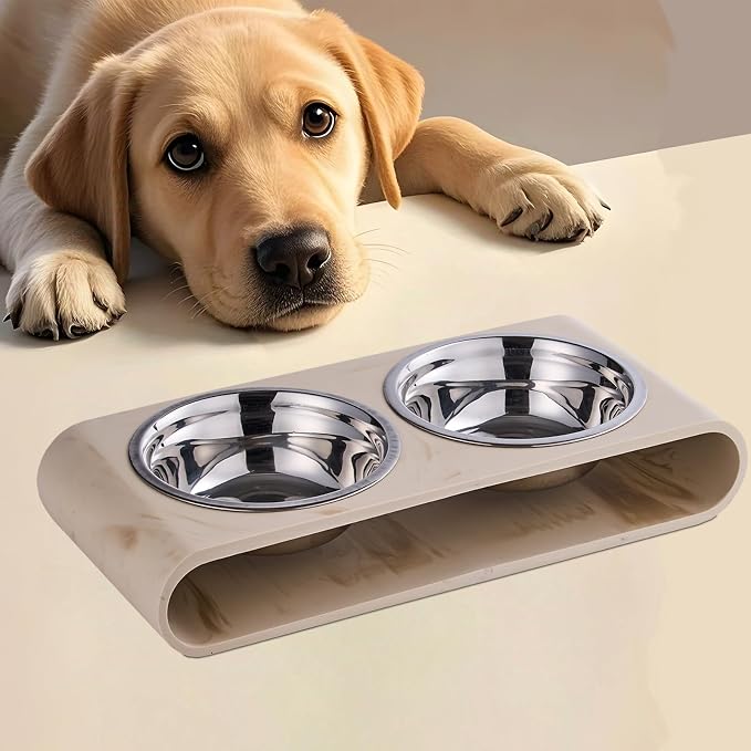 Beige Marble Elevated Dog Bowls Set - 2 Thick 6" Stainless Steel Puppy Food Bowl with Non-Slip Raised Holder Stand, Double Feeding Bowls for Food and Water, Suitable for Cats and Small Medium Pet