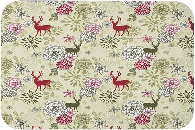 Rubber Non Slip Mat, Winter Kitchen Door Mat, Deer with Blossoming Flowers Abstract Christmas, 23.6" W x 15.7" L, Soft and Non Slip for Elderly and Children,Pale Green Olive Green Ruby