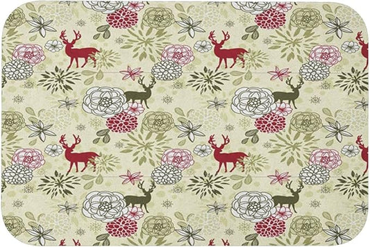 Rubber Non Slip Mat, Winter Kitchen Door Mat, Deer with Blossoming Flowers Abstract Christmas, 23.6" W x 15.7" L, Soft and Non Slip for Elderly and Children,Pale Green Olive Green Ruby