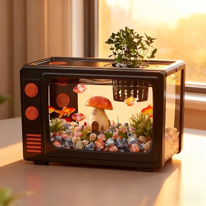 2.5 Gallon Fish Tank Kit with LED Lights, Filter & Plant Planter - Retro TV Decorative Fish Tank for Office Desk Home Decor,Mini Aquarium Starter Kit for Betta Fish (Black - 2.5 Gallon)