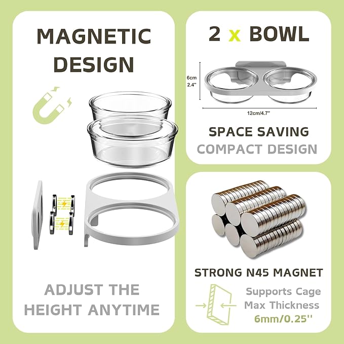 Magnetic Reptile Feeding Ledge with 2 Pack Plastic Bowls Food Feeder Water Dish for Crested Gecko Dwarf Hamster(Gray, Magnetic-Mounted)