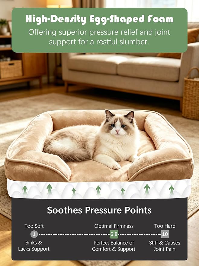 Spotted Play Orthopedic Dog Bed with Sides - Sofa Beds for Small Dogs, Supportive Foam Pet Couch Bed with Washable Removable Cover, Waterproof Lining and Non-Slip Bottom, Brown - S