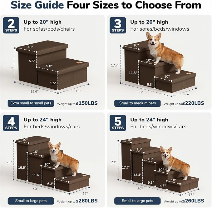 2-Step Wide Dog Stairs with Storage 11" H, Non-Slip Sturdy Pet Steps for Couch Chair, Dog Steps for Small/Medium Old Dogs, Cats, Rabbits Up to 150lbs, Foldable Cat Puppy Stairs for Car, Coffee