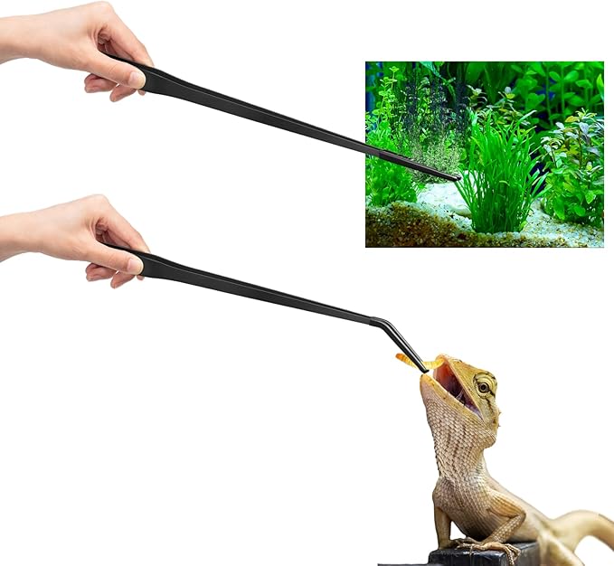 Lasnten 2 Pcs Extra Long Stainless Steel Reptile Feeding Tongs with Rubber Tip 18.5 Inch, 18.9 Inch Bearded Dragon Aquarium Straight and Curved Long Tweezer Terrarium Feeder Tool for Tank(Black)