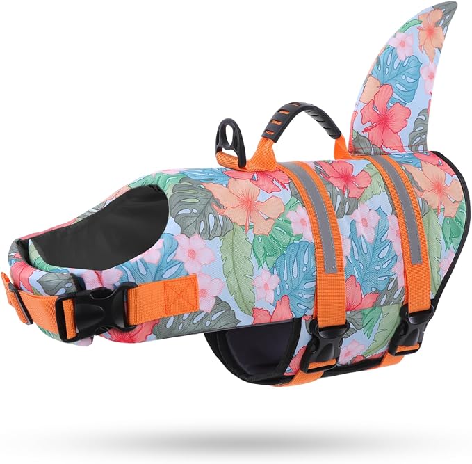 Dog Life Jacket High Flotation, Reflective Dog Life Vest for Swimming, Adjustable Dogs Life Preserver Rescue Handle Spring Summer Pool for Small, Medium, Large Dogs (HawaiiOrange,XS)