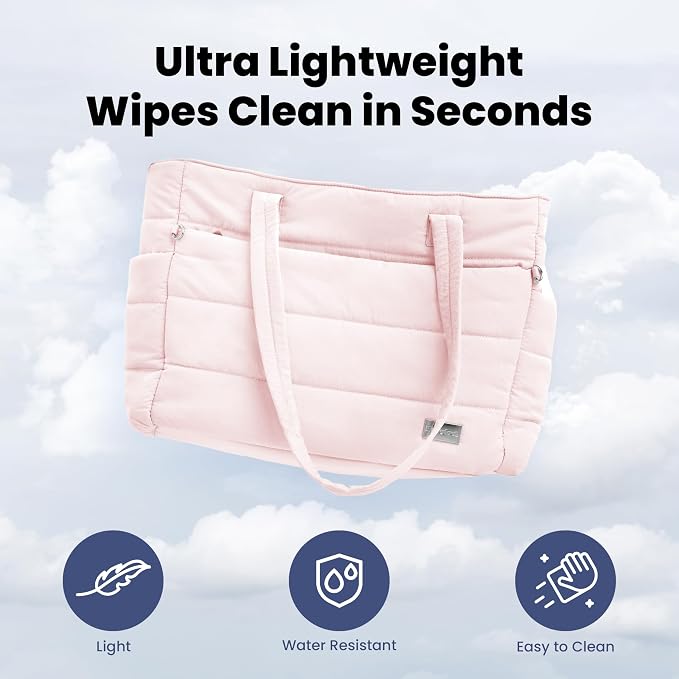 Puffer Dog Travel Bag for Dog Moms, Diaper Bag with Travel Bowls | 2 BPA-Free Collapsible Bowls, 2 Pet Food Containers, 9 Pockets, Everyday Puffer Bag Works With or Without Your Dog, Soft Pink