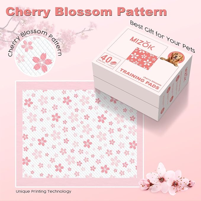 MIZOK Pink Puppy Pads with Adhesive Tabs Disposable No Leak XL 28x34in 40Ct | Cute Cherry Blossom Prints Provide 6 Layer Protection Extra Absorbent Doggy Pads Designed for Clean Daily Indoor Use