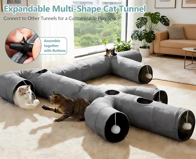 Ownpets Cactus Cat Tunnel 12" with Peek Holes for Indoor Large Cat, Grey | Durable Oxford fabric, noise-free, foldable & connectable, multi-cat friendly, tube for cats up to 20lb, includes ball & wand