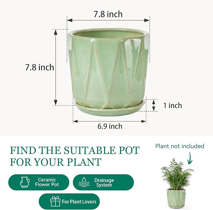 7.8 Inch Ceramic Plant Pot with Drainage Hole Mesh Net, Large Flower Pots for Indoor Plants with Saucer, Gardening Pots Outdoor (Crackle-Green)