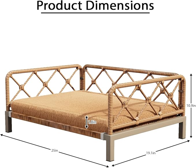 Elevated Indoor & Outdoor Dog Bed for Small Dogs, Durable Rattan Wicker Pet Sofa with Removable Washable Waterproof Cushion, Stylish Dog Couch, Brown