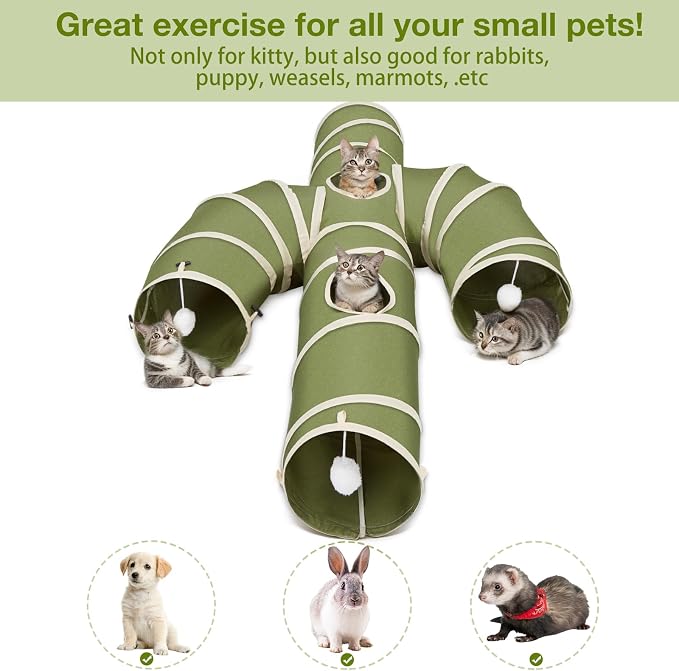 Ownpets Cactus Cat Tunnel 12" with Peek Holes for Indoor Large Cat, Green | Durable Oxford fabric, noise-free, foldable & connectable, multi-cat friendly, tube for cats up to 20lb, includes ball & wand