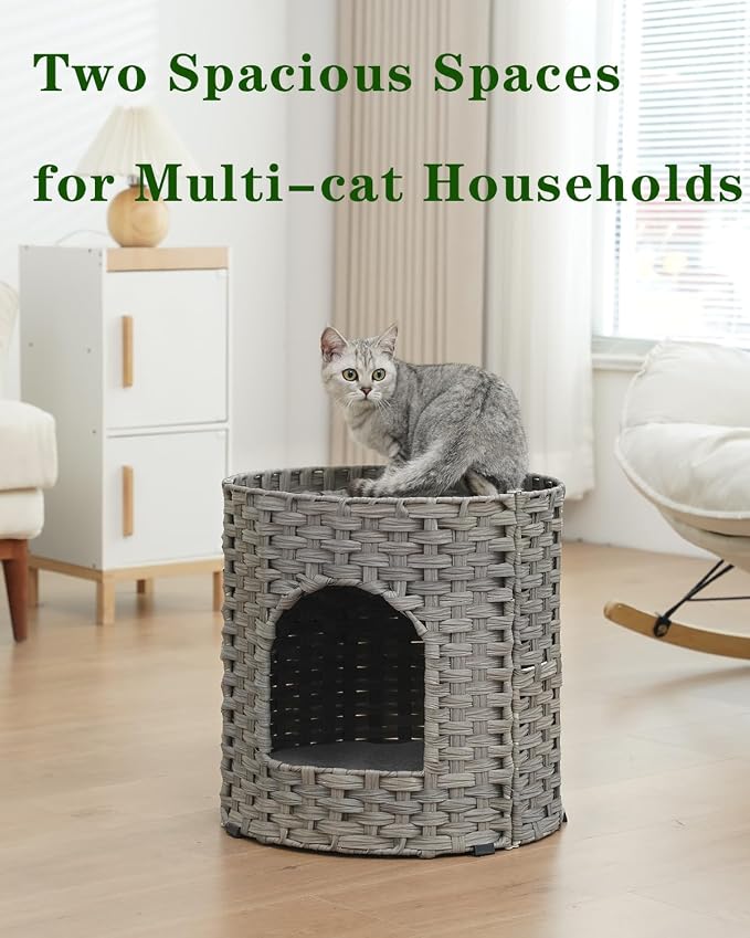SETVSON Cat House for Indoor Cat, Large Double Cat Houses Cat Bed, Gray | Handwoven PE Rattan Bed Cave with One Soft Pad, Spacious 17 x 17 x 17 In Foldable Kitten Hideaway, Easy to Clean