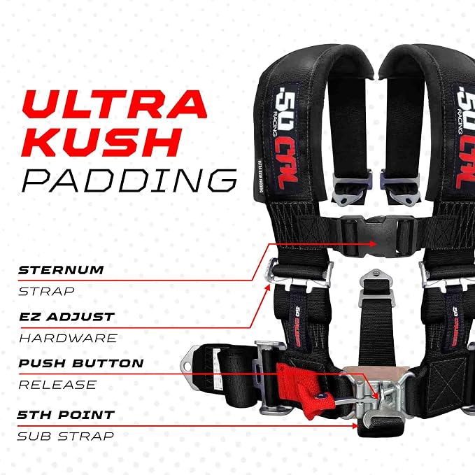 1pc Black 5 Point Harness w/ 2" straps, Racing Harness Seat Belt | Ultra Kush padding, Race latch quick release hardware. Universal Fit for UTV, RZR, race car. Part# 6009